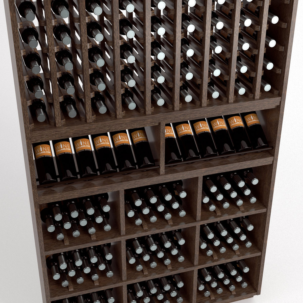 Wood wine rack showing angled bottle rows above cubbies filled with wine bottles