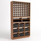 Wood wine rack with wine bottle grid, bottle display holders, and square storage cubbies