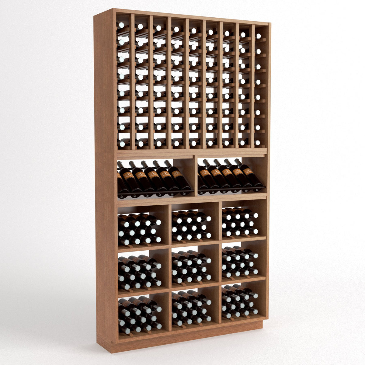 Wood wine rack with wine bottle grid, bottle display holders, and square storage cubbies