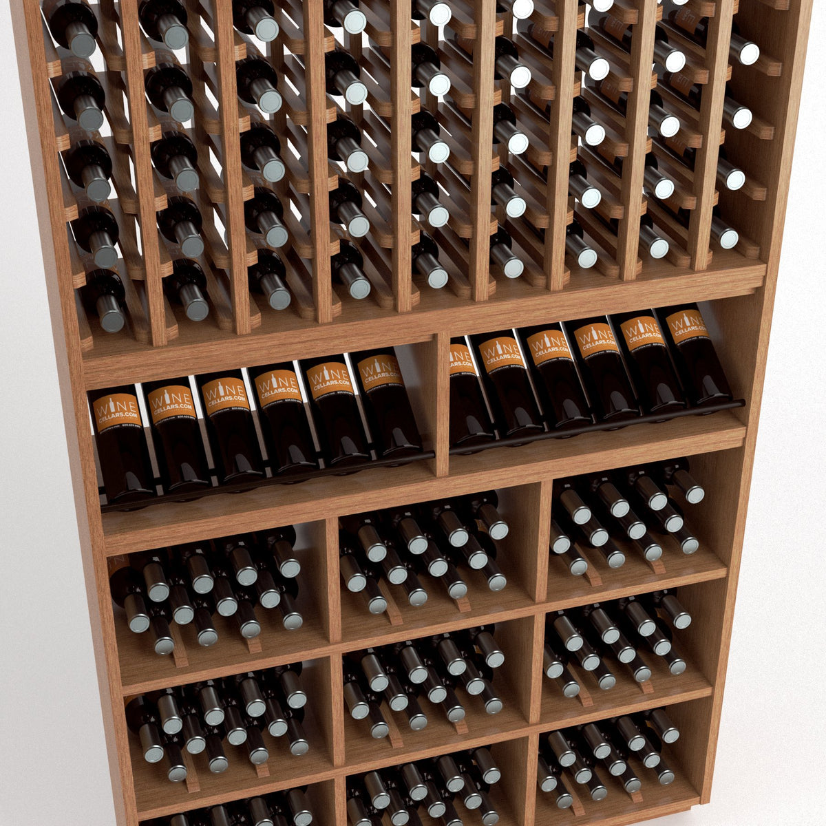 Wood wine rack detail with angled bottle holders, lower cubbies, and front wine bottle rows