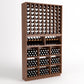 Dark wood wine rack with wine bottle grid, curved display slots, and cubby storage