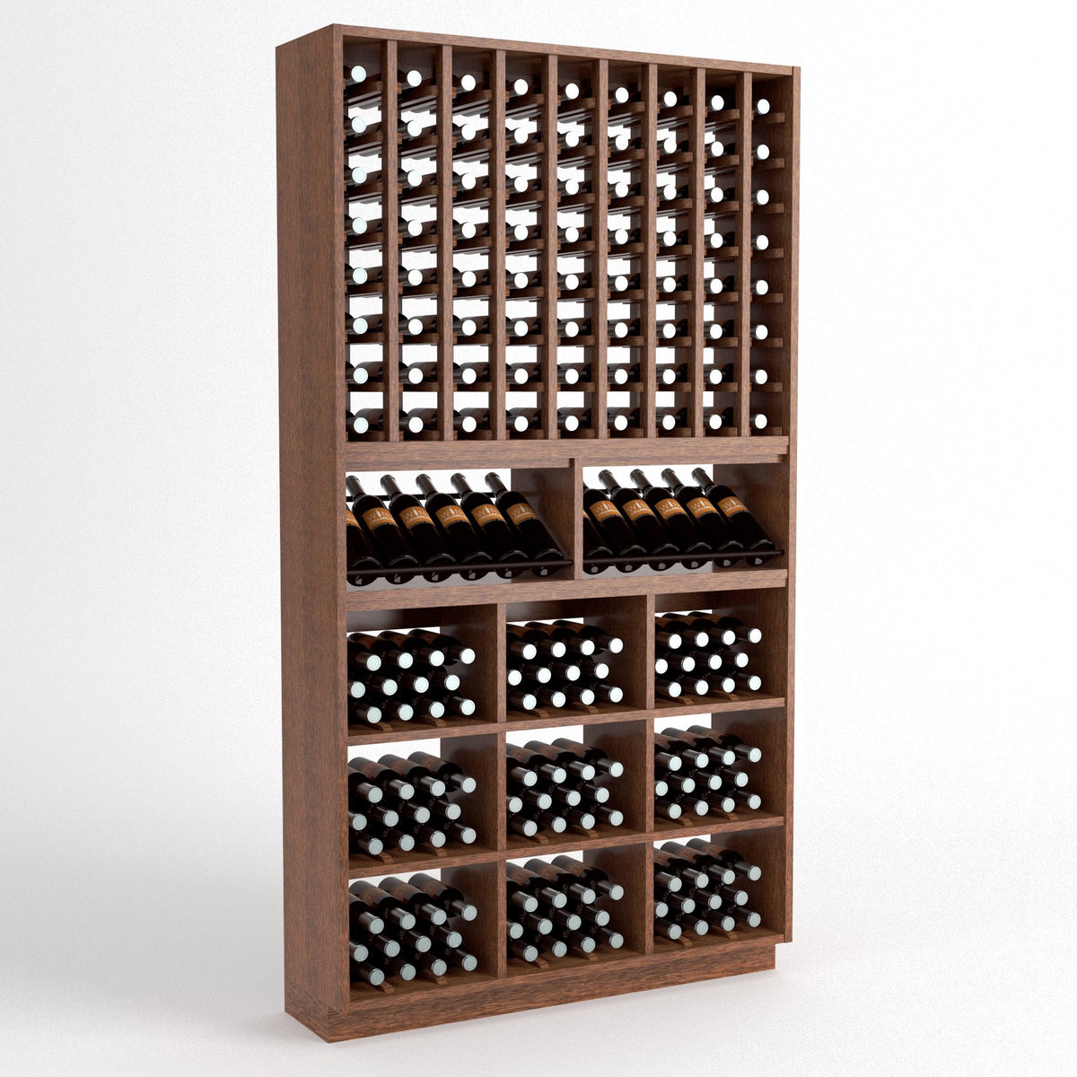 Dark wood wine rack with wine bottle grid, curved display slots, and cubby storage
