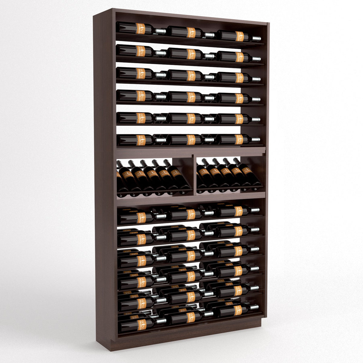 Dark wood wine bottle display rack with multiple bottle rows and cork-front holders