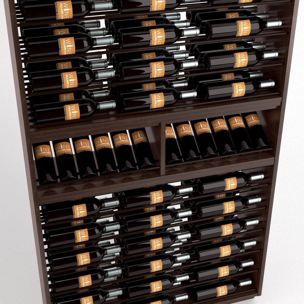 Close-up of wine bottle rack shelves holding bottles with orange labels in dark wood