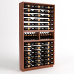 Dark wood wine bottle rack with front wine slots and multiple rows for bottles