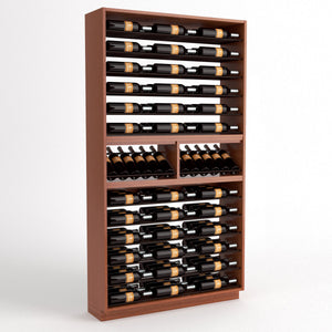Dark wood wine bottle rack with front wine slots and multiple rows for bottles