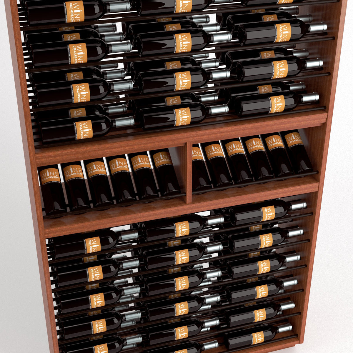 Wine bottle rack close-up showing bottle necks in slotted shelves and dark wood back