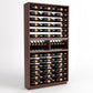 Dark wood wall-style wine bottle rack with stacked bottle rows and front slot area