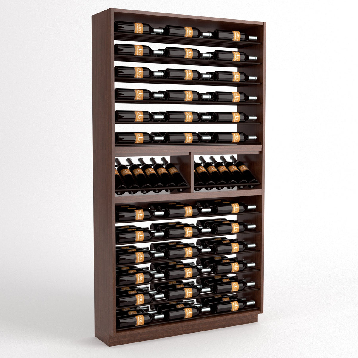 Dark wood wall-style wine bottle rack with stacked bottle rows and front slot area