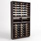 Dark wood wine bottle display rack with multiple bottle shelves and front bottle slots