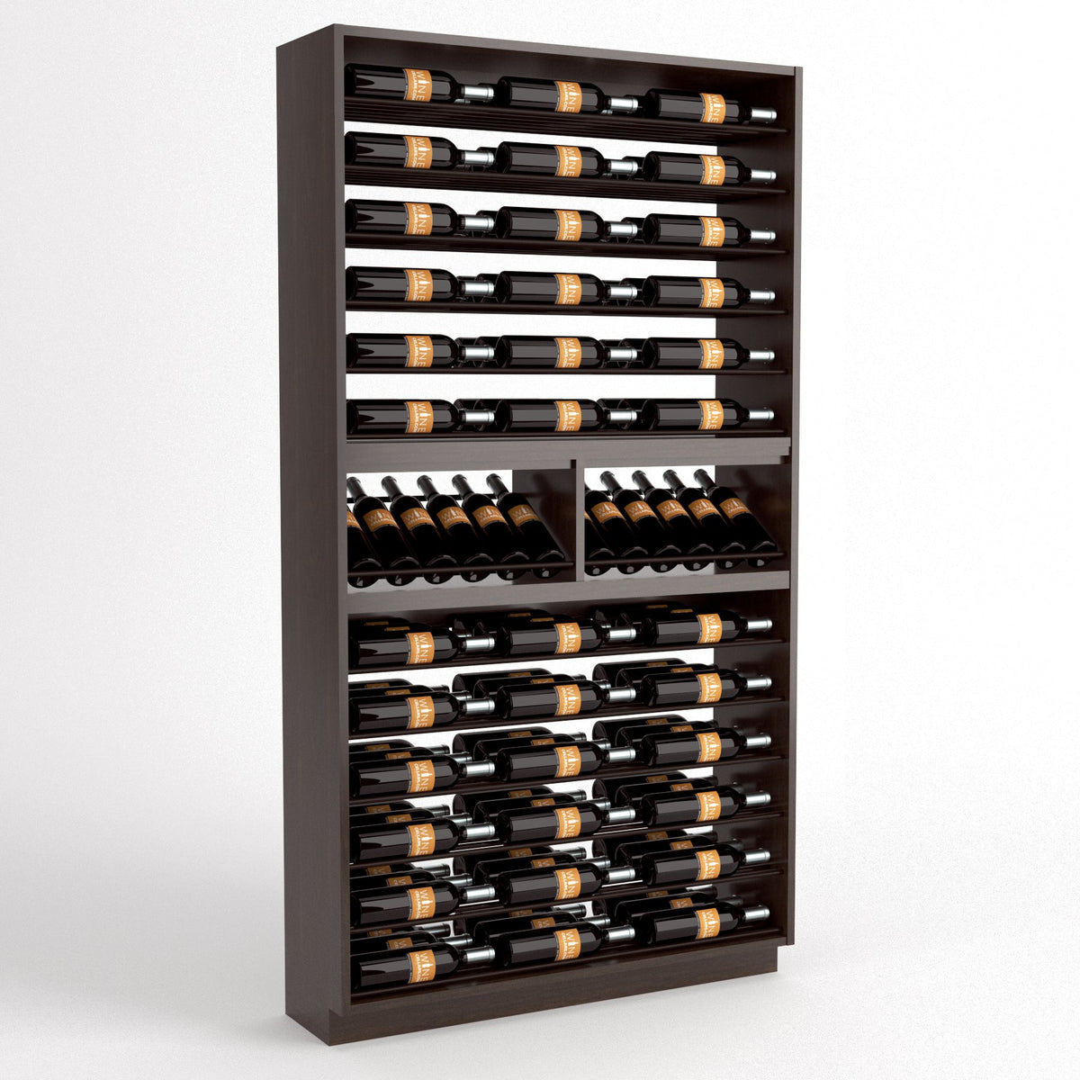 Dark wood wine bottle display rack with multiple bottle shelves and front bottle slots
