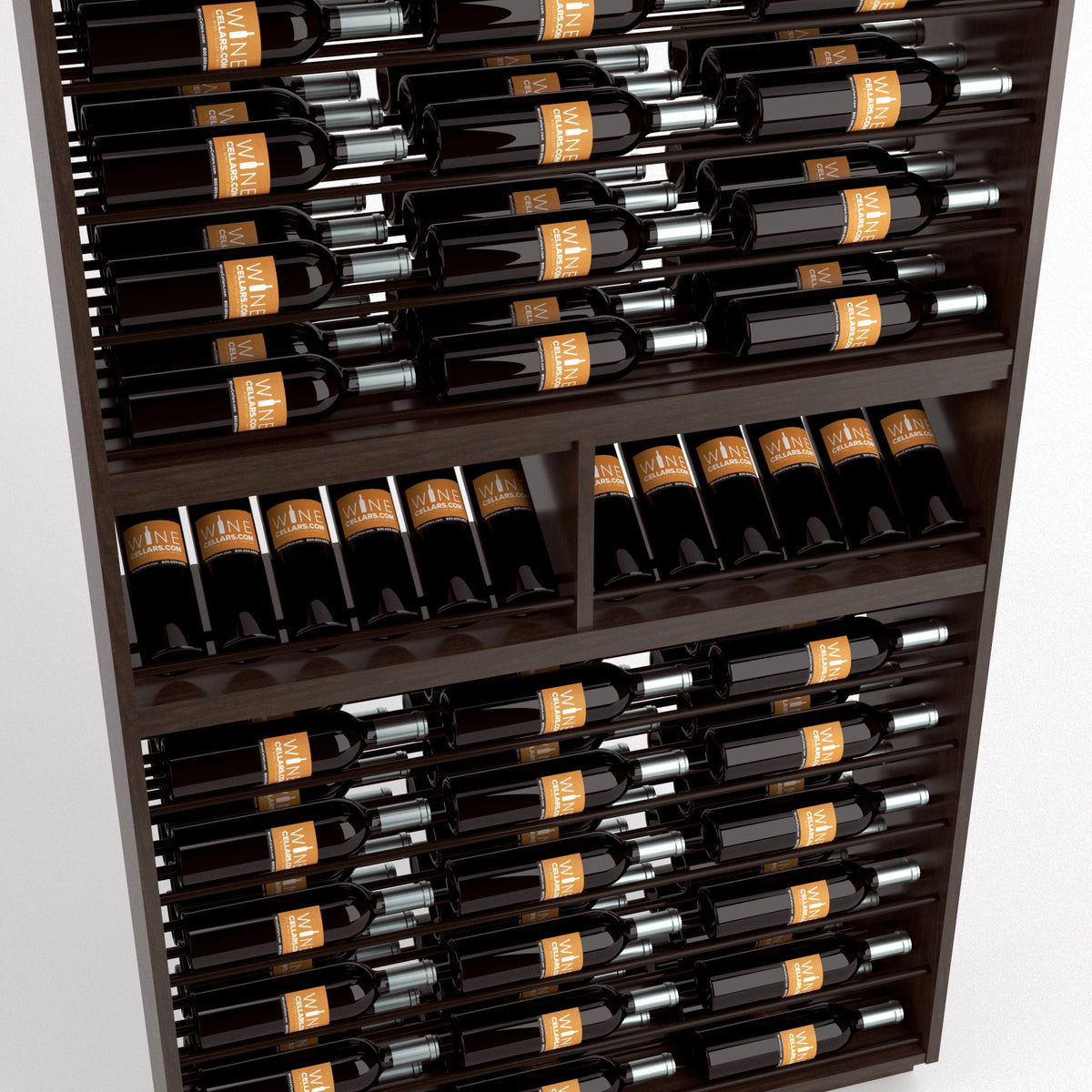 Close-up view of dark wood wine bottle rack shelves filled with bottles