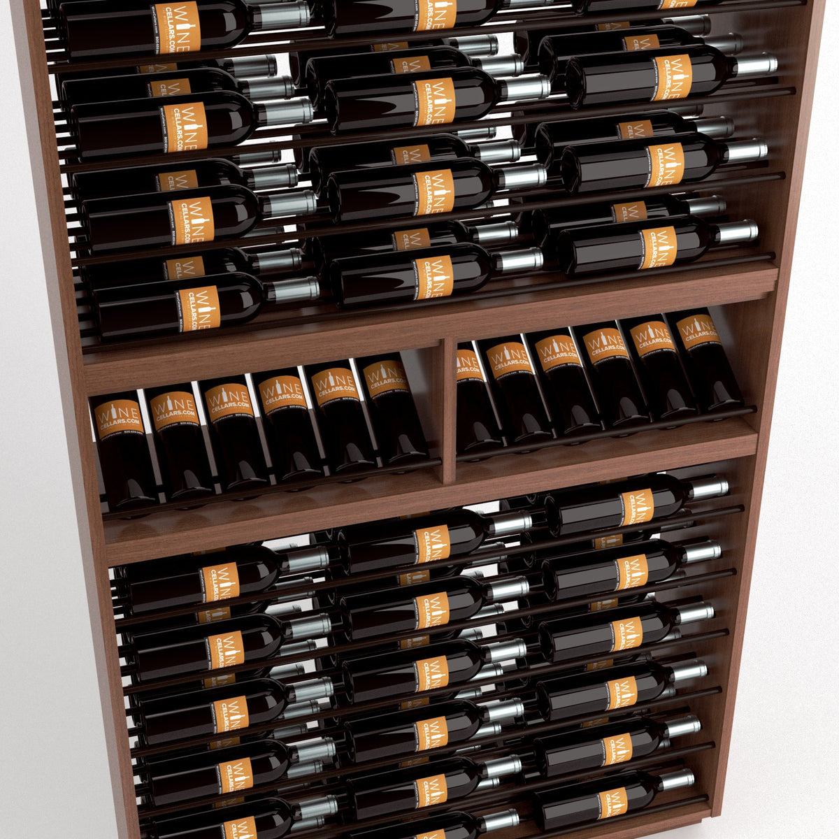 Close-up of wine bottle rack showing bottles arranged in slotted shelves on dark wood