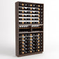 Dark wood wine rack cabinet with 9-column bottle rails and two lower display areas