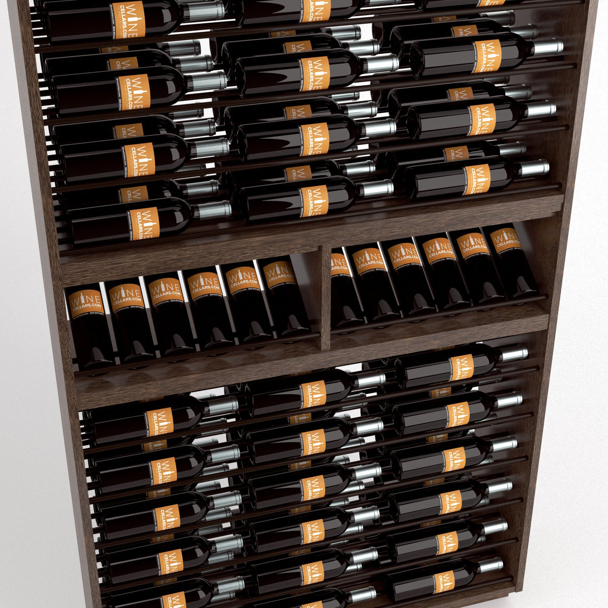 Close-up of wine bottle rails in a dark wood 9-column wine rack cabinet