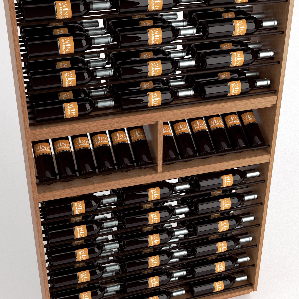 Close-up of bottle rails inside a medium wood 9-column wine rack cabinet