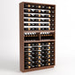 Dark wood wine rack cabinet with 9-column bottle rails and two lower display sections