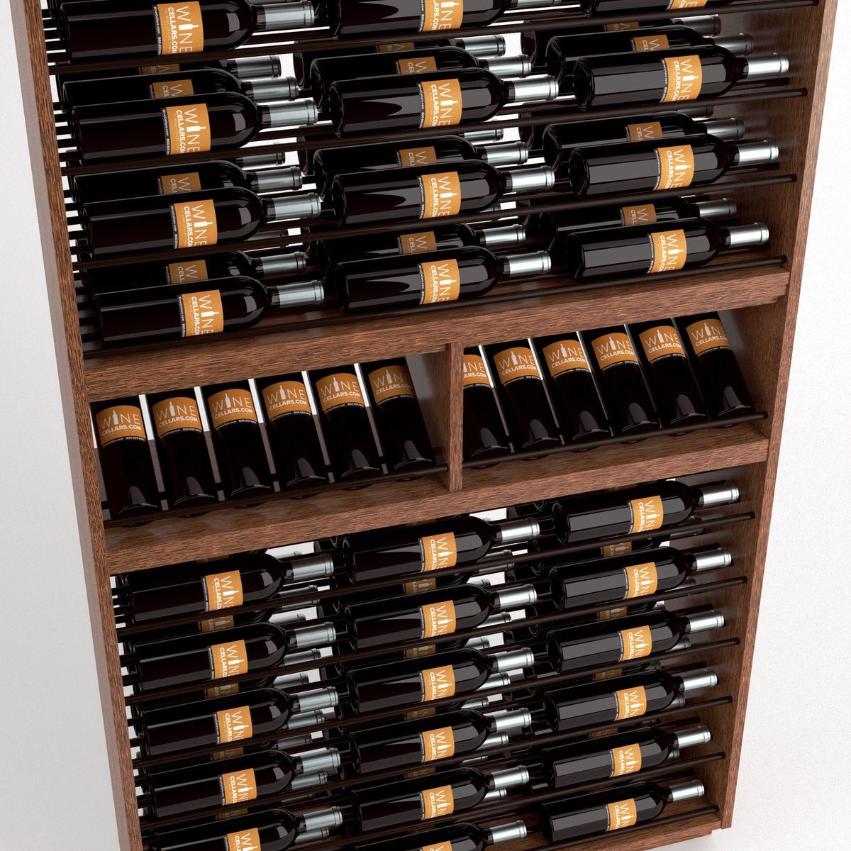Close-up of wine bottle storage rails in a dark wood 9-column wine rack cabinet