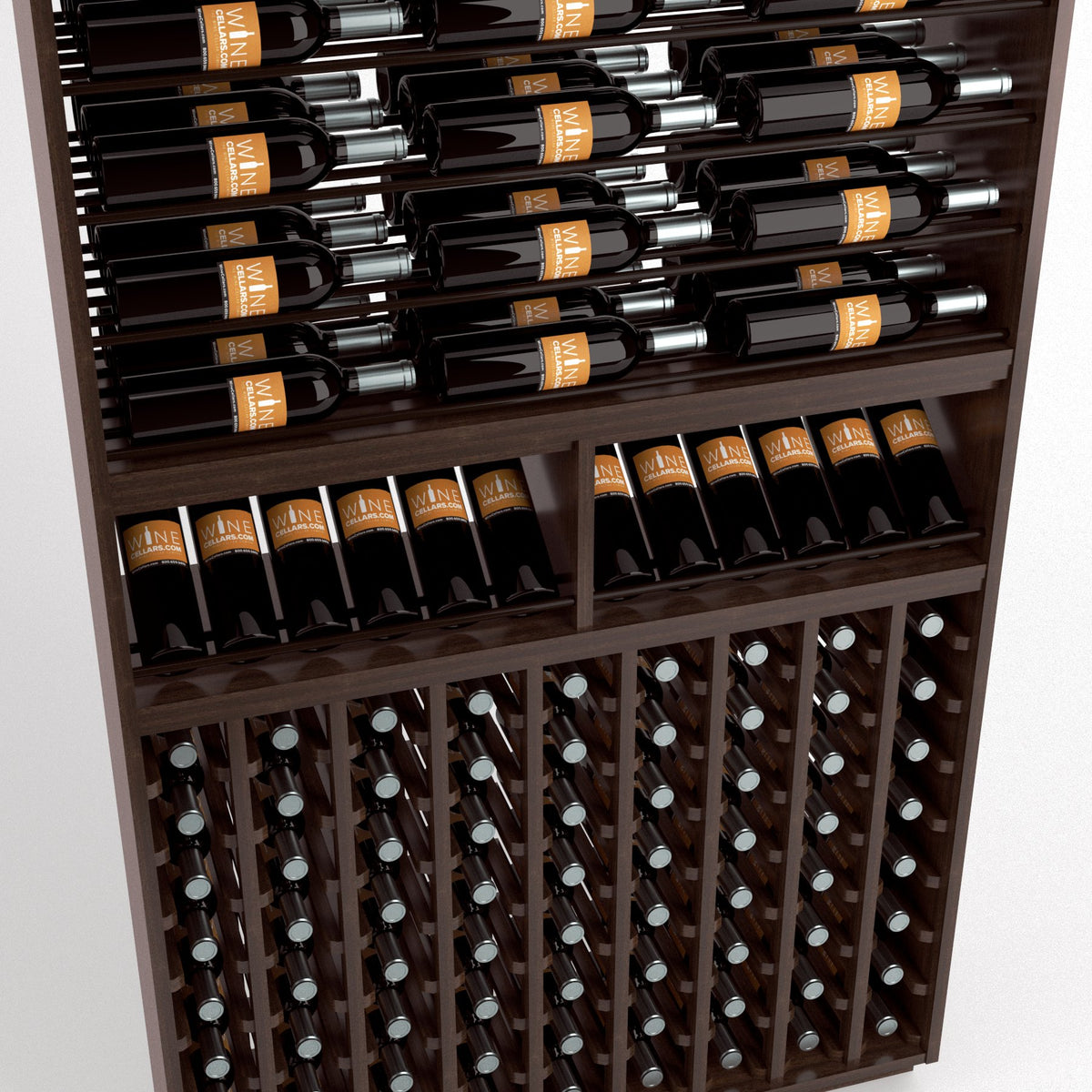 Dark wood wine rack with top bottle rails and glass bottle cubbies in vertical rows