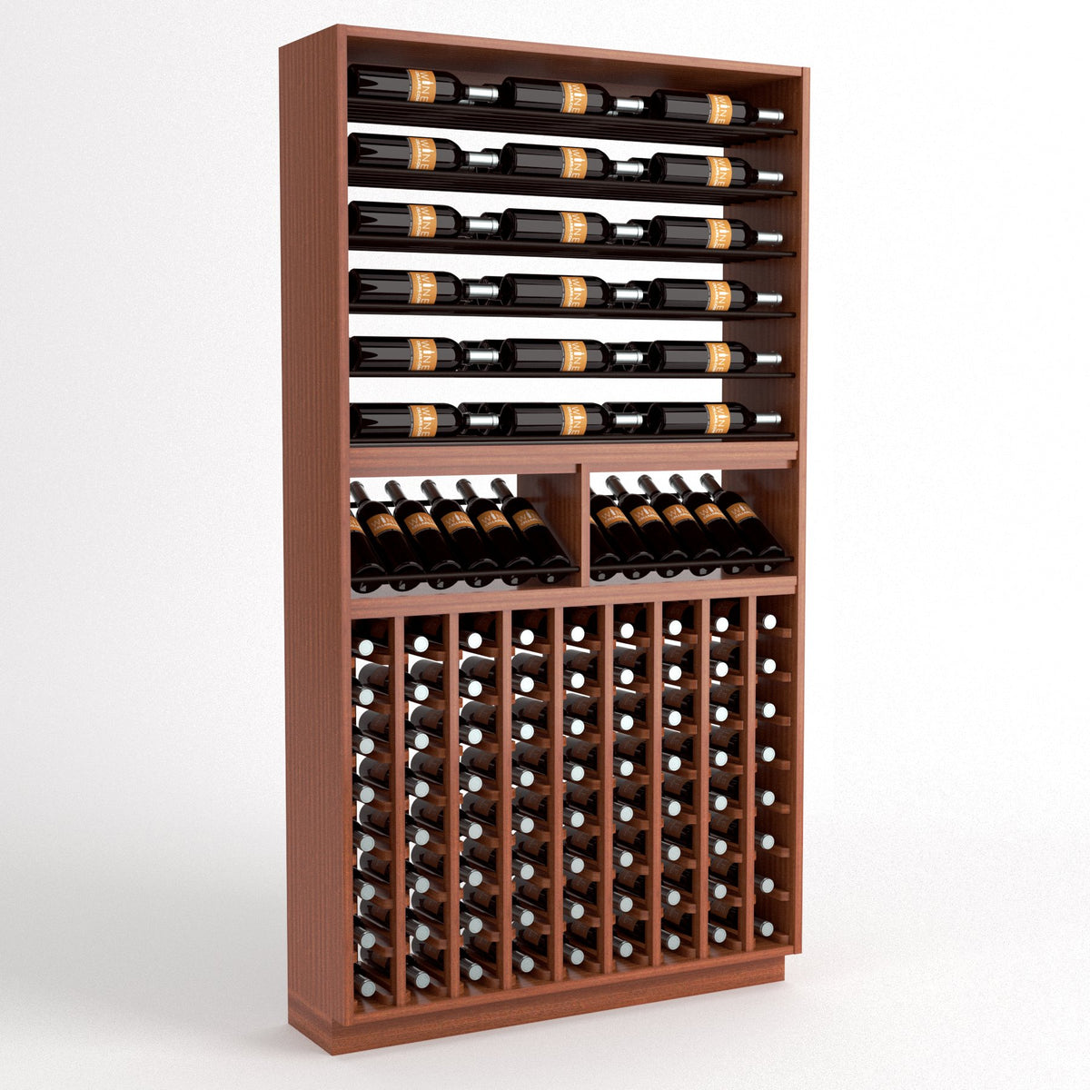 Wine bottle storage rack in medium brown wood with top rails and two wine display sections