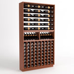 Wine bottle storage rack in medium brown wood with top rails and two wine display sections