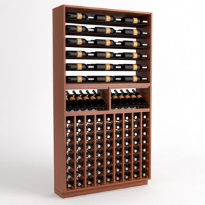 Wine bottle storage rack in medium brown wood with top rails and two wine display sections