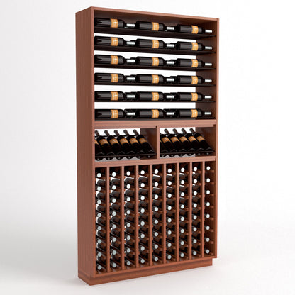 Wine bottle storage rack in medium brown wood with top rails and two wine display sections