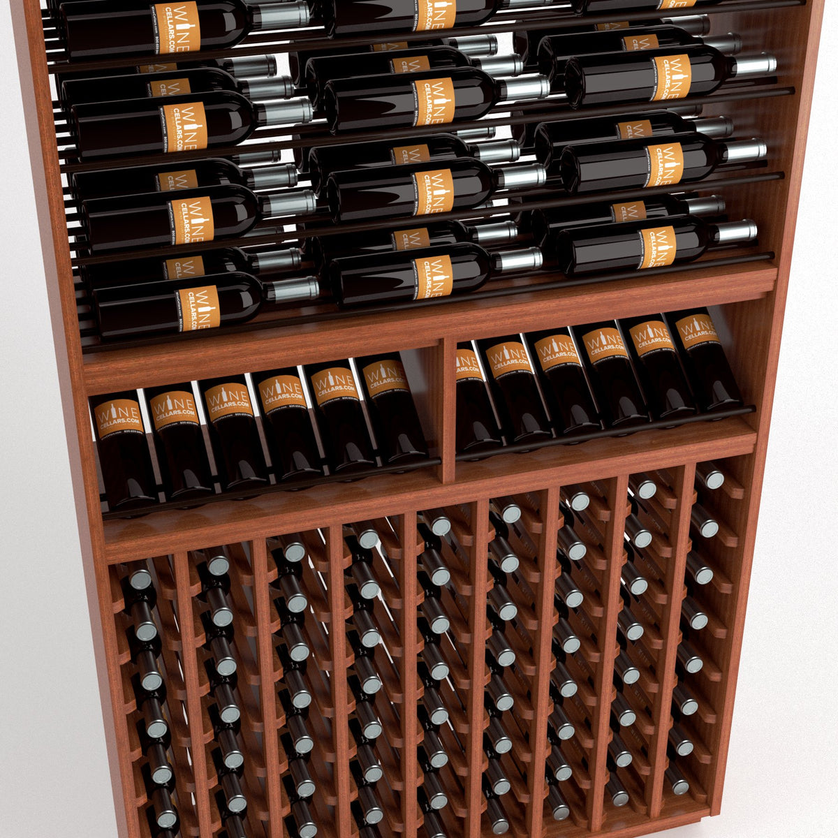 Medium brown wine rack with top bottle rails, wine cubbies, and diagonal bottle holders