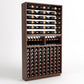 Wine bottle storage rack with top bottle rails and glass bottle storage in two sections