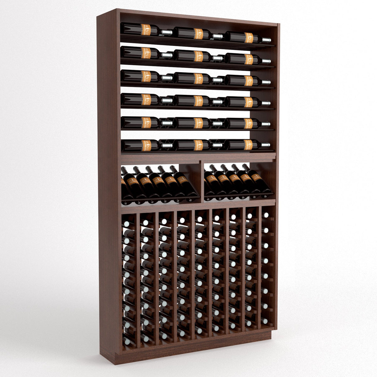 Wine bottle storage rack with top bottle rails and glass bottle storage in two sections