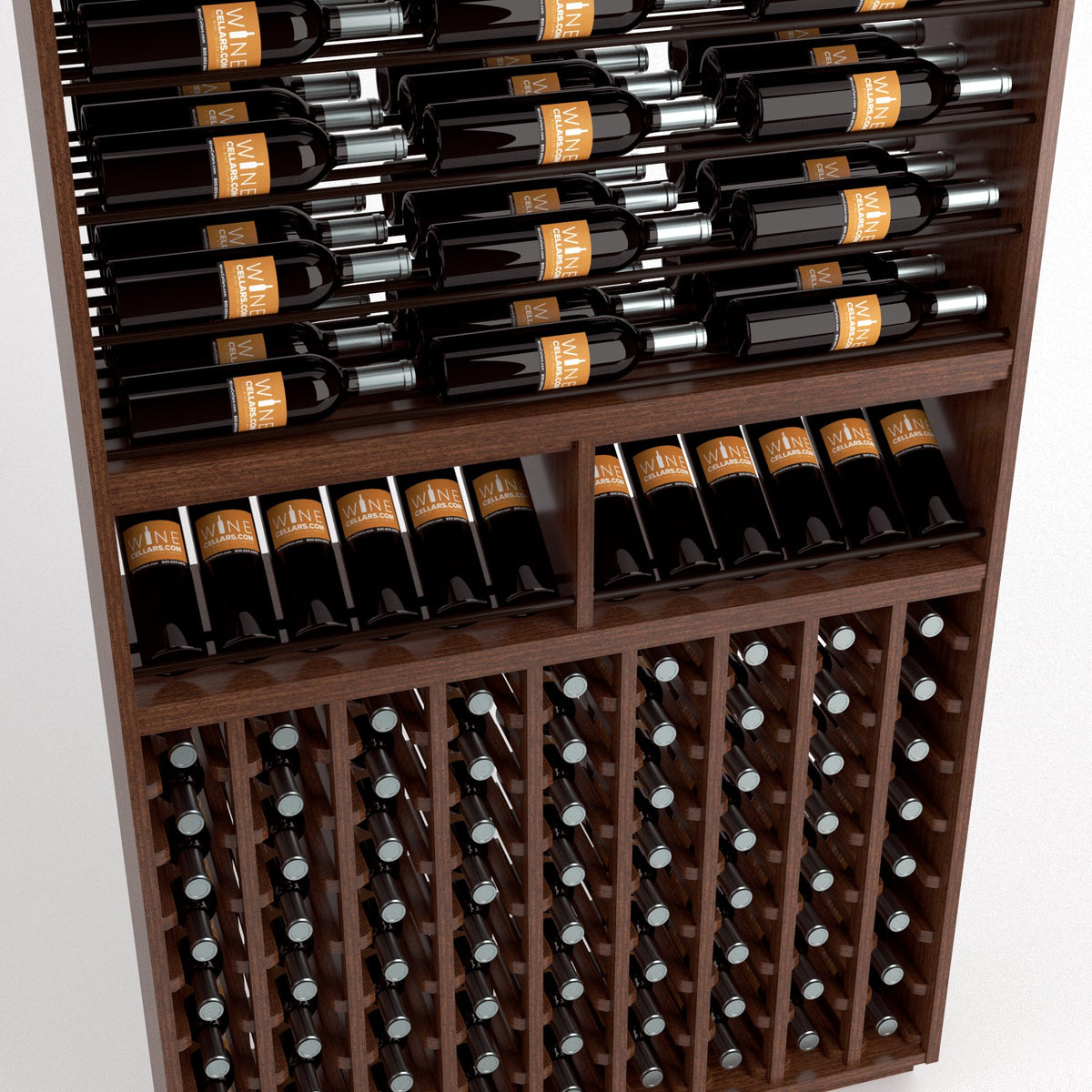 Medium brown wine rack close-up with top rails and rows of wine bottles in cubbies