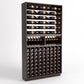 Wine bottle storage rack with top bottle rails, two-row display shelves, and wine cubbies