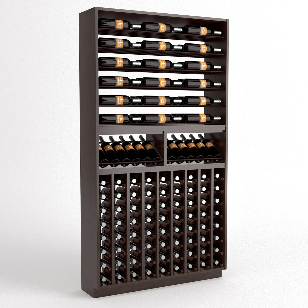 Wine bottle storage rack with top bottle rails, two-row display shelves, and wine cubbies
