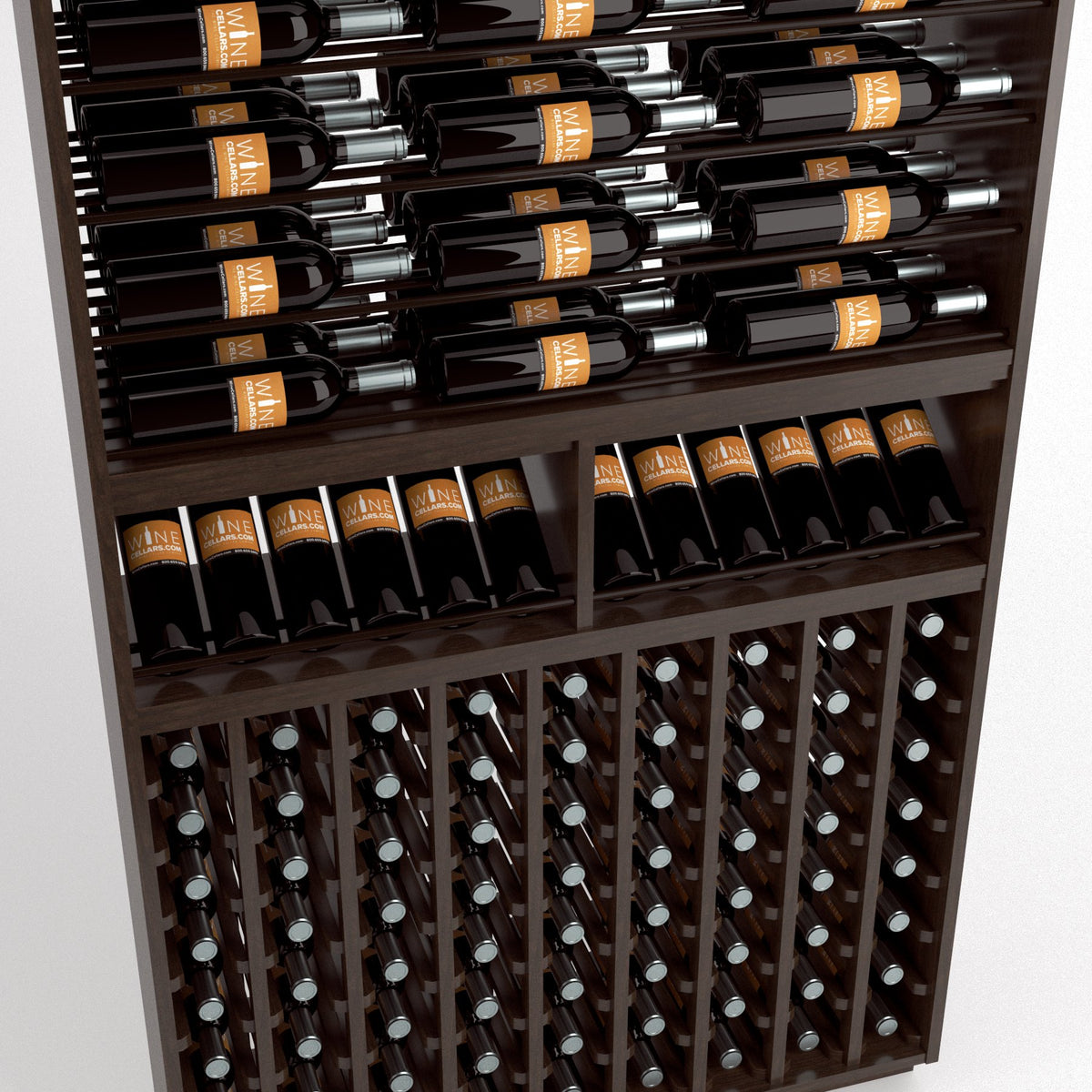 Dark wood wine rack close-up with top rails and multiple rows of bottles in cubbies