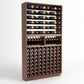 Wine bottle storage rack in medium brown wood with top rails and vertical bottle cubbies