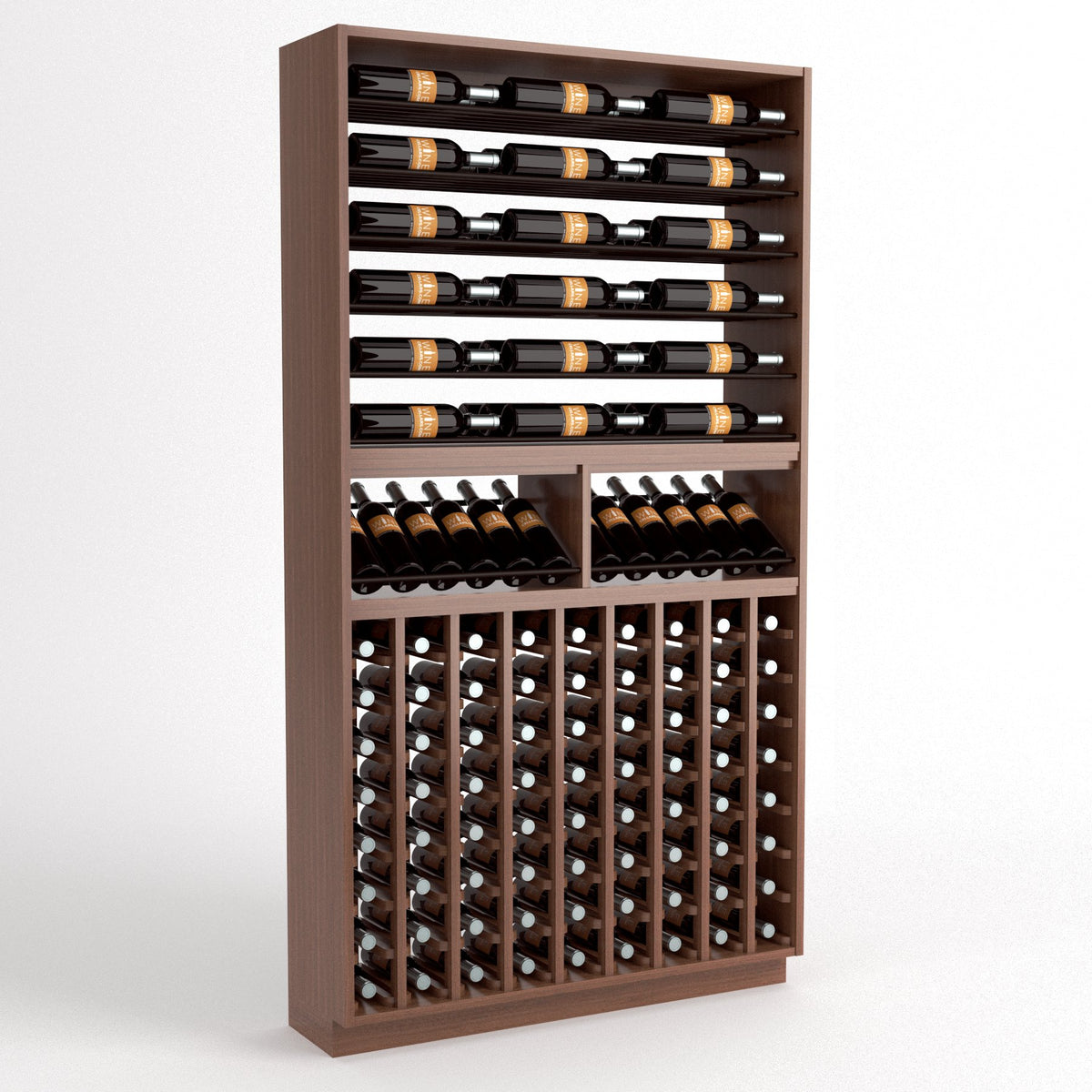 Wine bottle storage rack in medium brown wood with top rails and vertical bottle cubbies