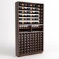 Wine bottle display rack with upper horizontal bottle rails, two cradles, and lower grid