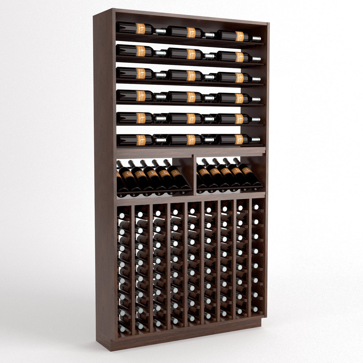 Wine bottle display rack with upper horizontal bottle rails, two cradles, and lower grid