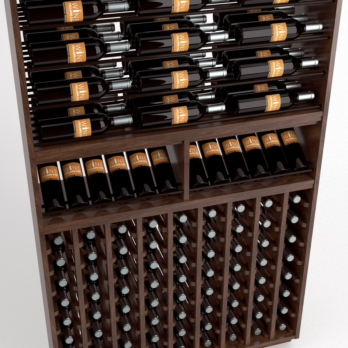 Wine rack close-up showing bottle rails above and a lower compartment grid for bottles
