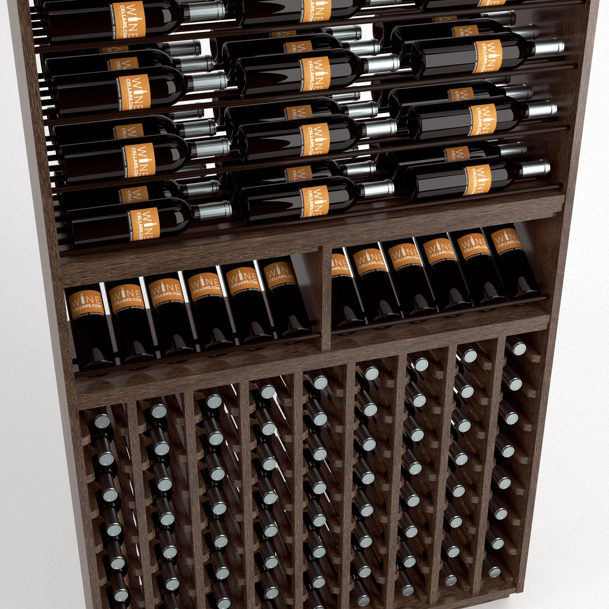 Wine rack detail with stacked bottles on rails and a lower grid of bottle compartments