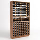 Wood wine bottle display rack with top rails, two middle bottle cradles, and lower grid