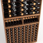 Wine rack close-up featuring bottle rails and a bottom grid holding bottles upright