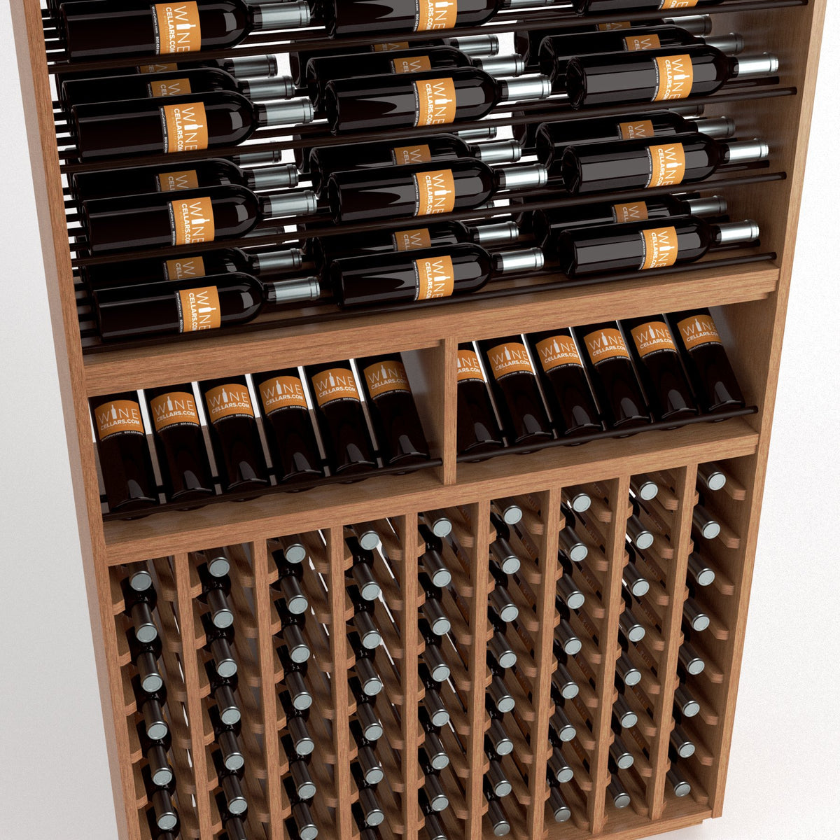 Wine rack close-up featuring bottle rails and a bottom grid holding bottles upright