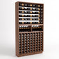 Wine bottle display rack in dark wood with top rails, two cradle sections, and lower grid