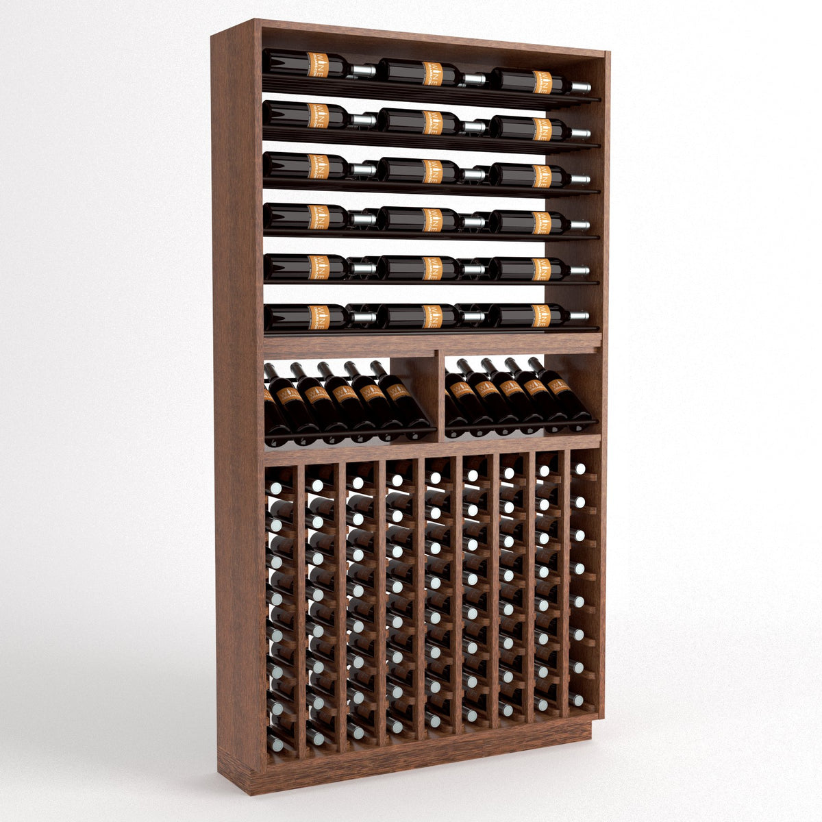 Wine bottle display rack in dark wood with top rails, two cradle sections, and lower grid