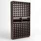 Dark wood wine bottle rack with 9 columns, two upper bottle cradles, and neatly stored bottles