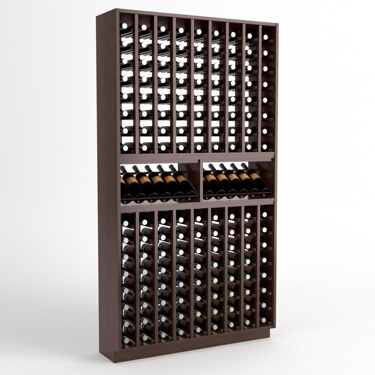 Dark wood wine bottle rack with 9 columns, two upper bottle cradles, and neatly stored bottles