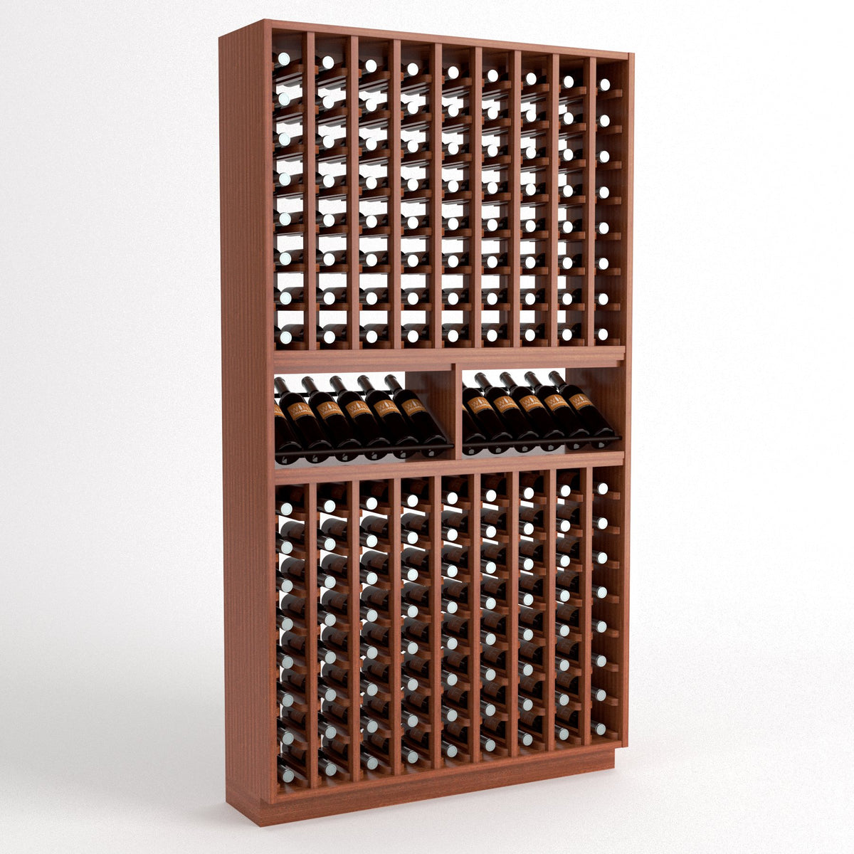 Dark wood wine bottle rack with 9 columns, two upper bottle cradles, and rows of wine bottles