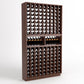 Dark wood wine bottle rack with 9 columns, two upper cradles, and organized bottle storage