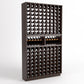 Dark wood wine bottle rack with 9 columns and two upper bottle cradles, filled with bottles